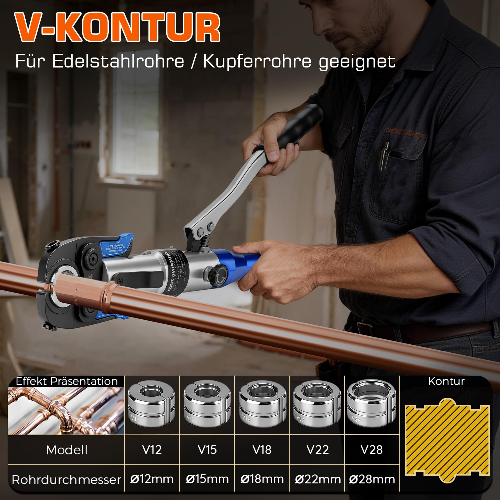 Hydraulisch Presszange Kupferrohr Set mit CR V-Kontur und TH-Kontur | Rohrpresszange inkl. Rohrschneider, Entgrater & Rohrschere für Kupferrohre, Alu-Verbundrohr & Edelstahlrohr