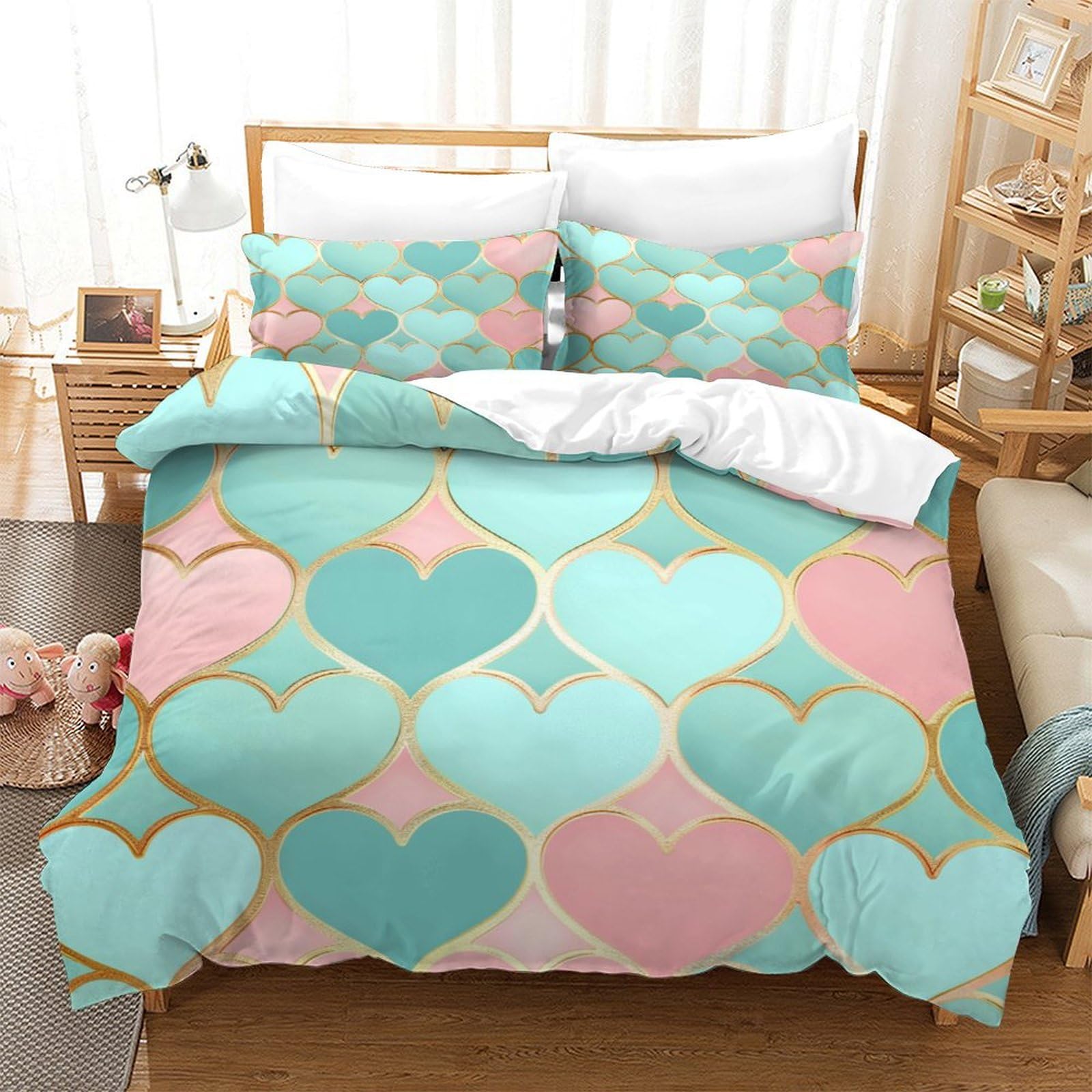 P1S9U7W5Y 3D Printed Pastel Heart Pattern Duvet Cover Set 3pcs Microfiber Blue Pink Heart Bedding Set Double（200x200cm）