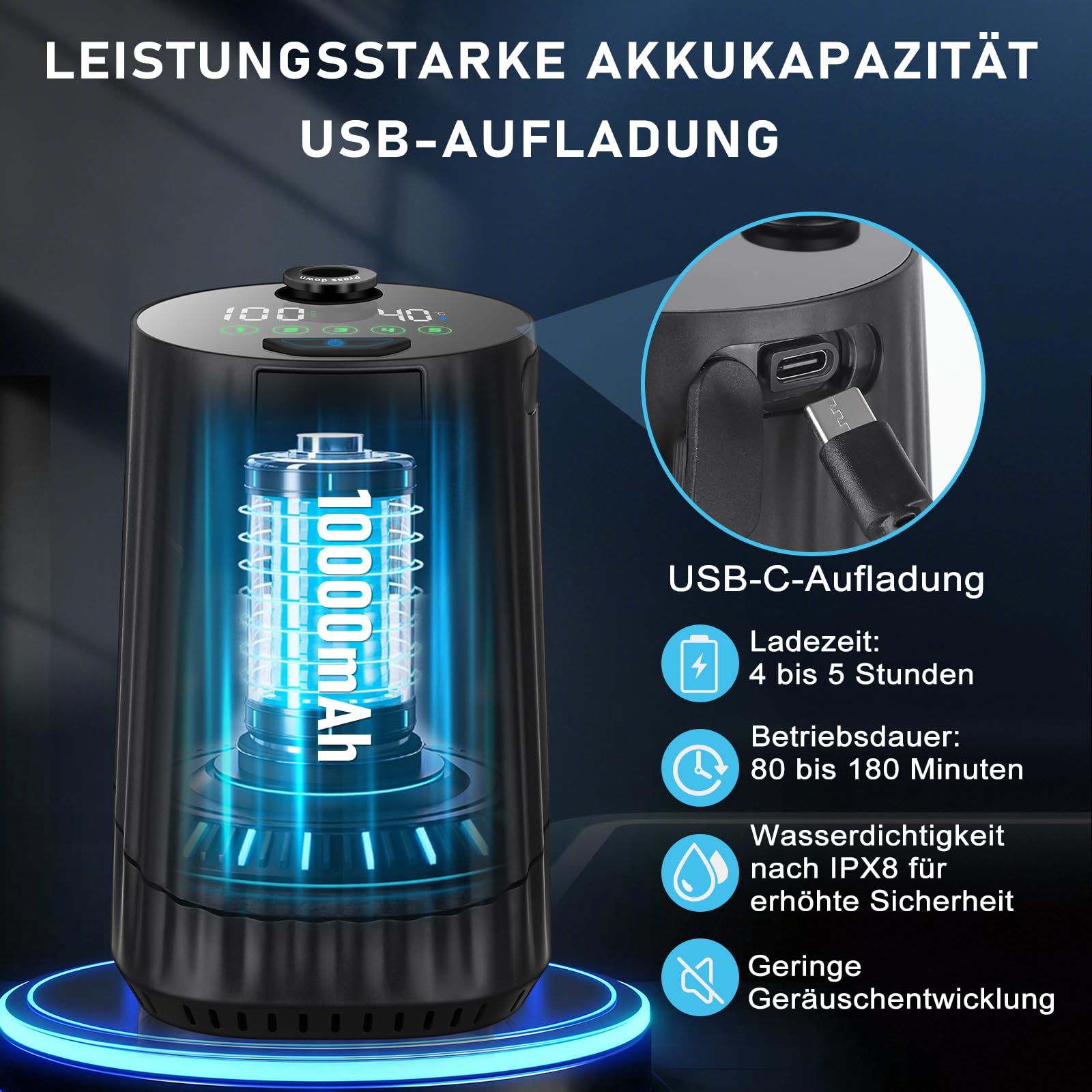 Campingdusche mit Pumpe, Campingdusche Tragbare wiederaufladbarem 10000mAh, intelligenter Digitalanzeige, Camping Dusche mit Duschkopf und Schlauch, für Garten Reisen Haustierwäsch Autowäsche