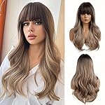 Esmee 24 Light Brown Wig with Dark Brown Roots Long Wave Hair Wigs,Natural Heat Resistant Fibre Synthetic Wigs Cosplay Party