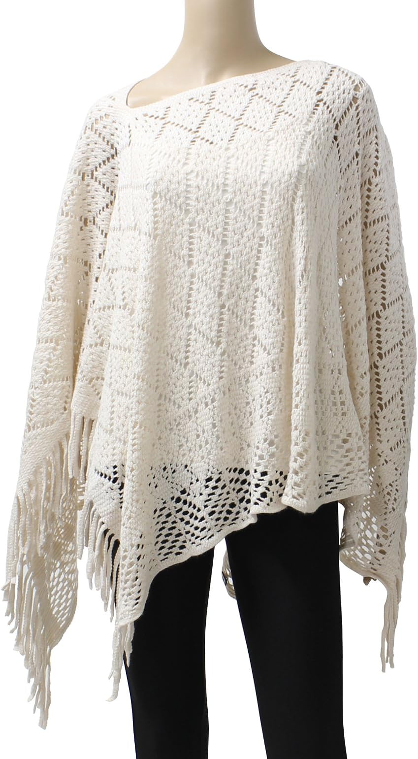 LL Poncho Sweater Womens Asymmetrical Short Crochet Knit Batwing Wrap Fringe