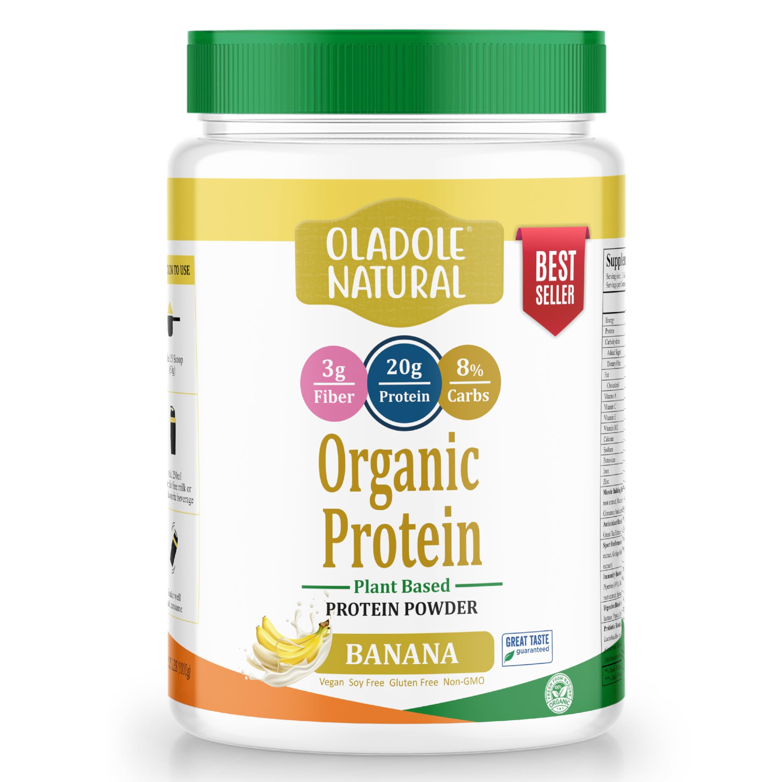 Oladole Natural Raw Organic Plant Based Protein Powder - 1kg (Banana) | Boosts Energy, Supports Weight Management & Muscle Recovery | Vegan, Non- GMO, Gluten Free