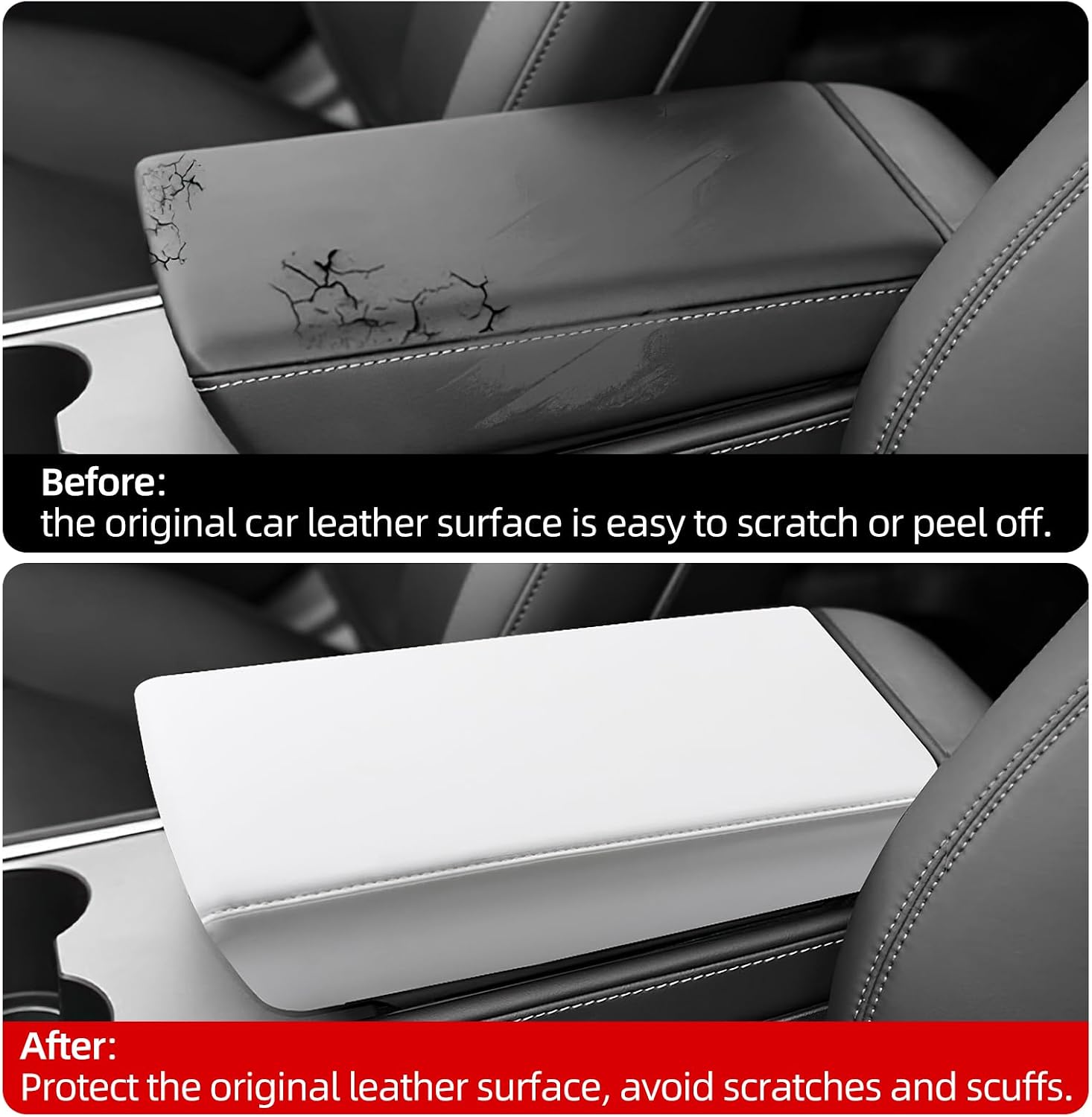 for 2025 Tesla Model Y Juniper & 2025 Model 3 Leather Armrest Cover Car Center Console Interior Accessories Armrest Seat Box Cover Protector (White, for 2025 Tesla Model Y Juniper/Model 3)