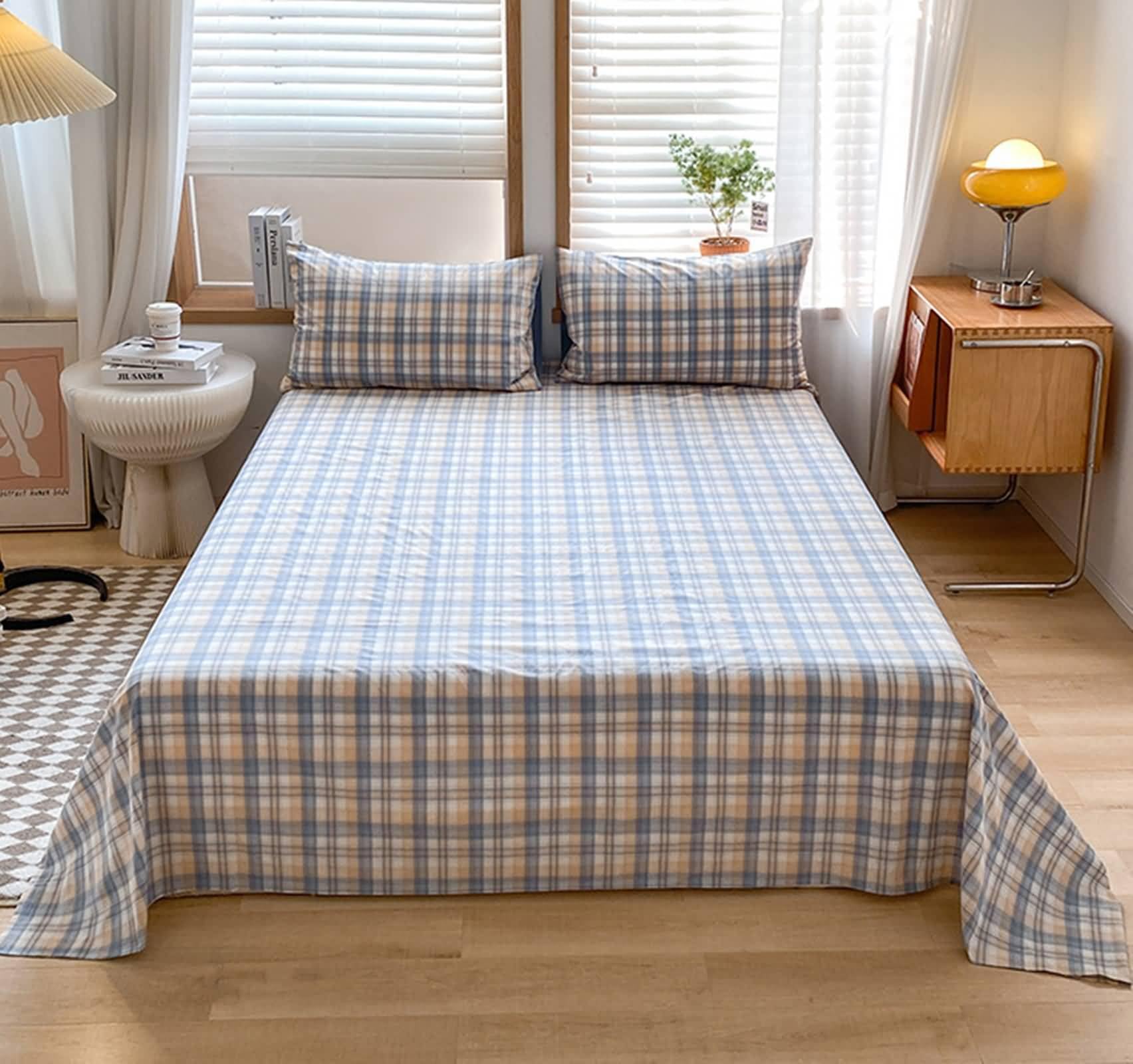 Beydodo Juego de 3 Piezas Sábanas 120 x 230 CM + 2 Fundas Almohada,Algodón Fundas Protectoras de Colchón Patrón de Plaid Azul Caqui