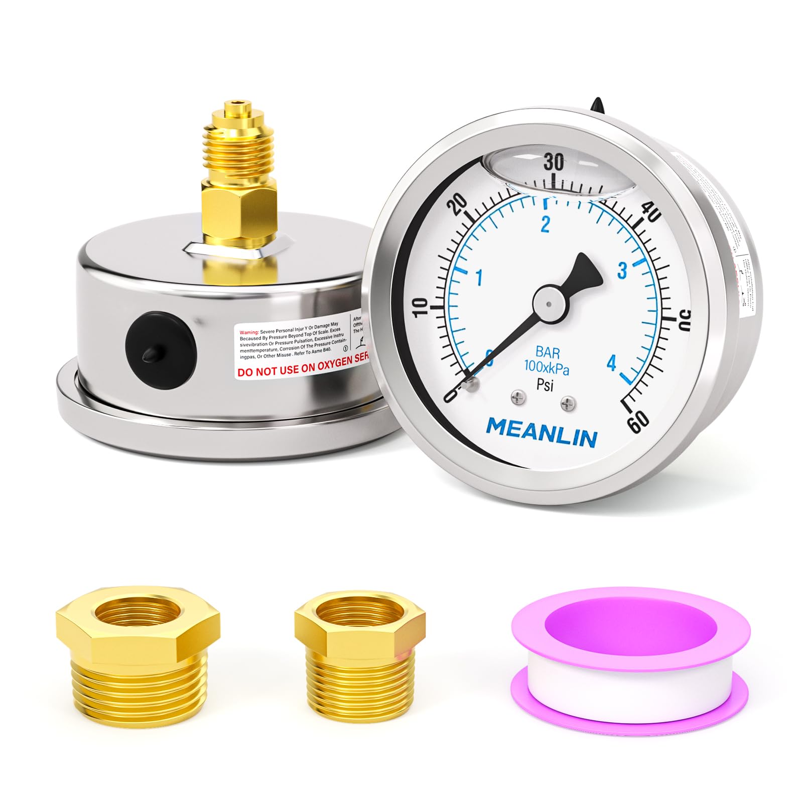 MEANLIN MEASURE 0-4BAR/60Psi Edelstahl 1/4" BSP 2.5" FACE DIAL Flüssigkeitsgefülltes Manometer WOG Wasser Öl Luft Rückwandmontage, mit 1/4" x 1/2" BSP und 1/4" x 3/8" BSP Sechskantbuchse