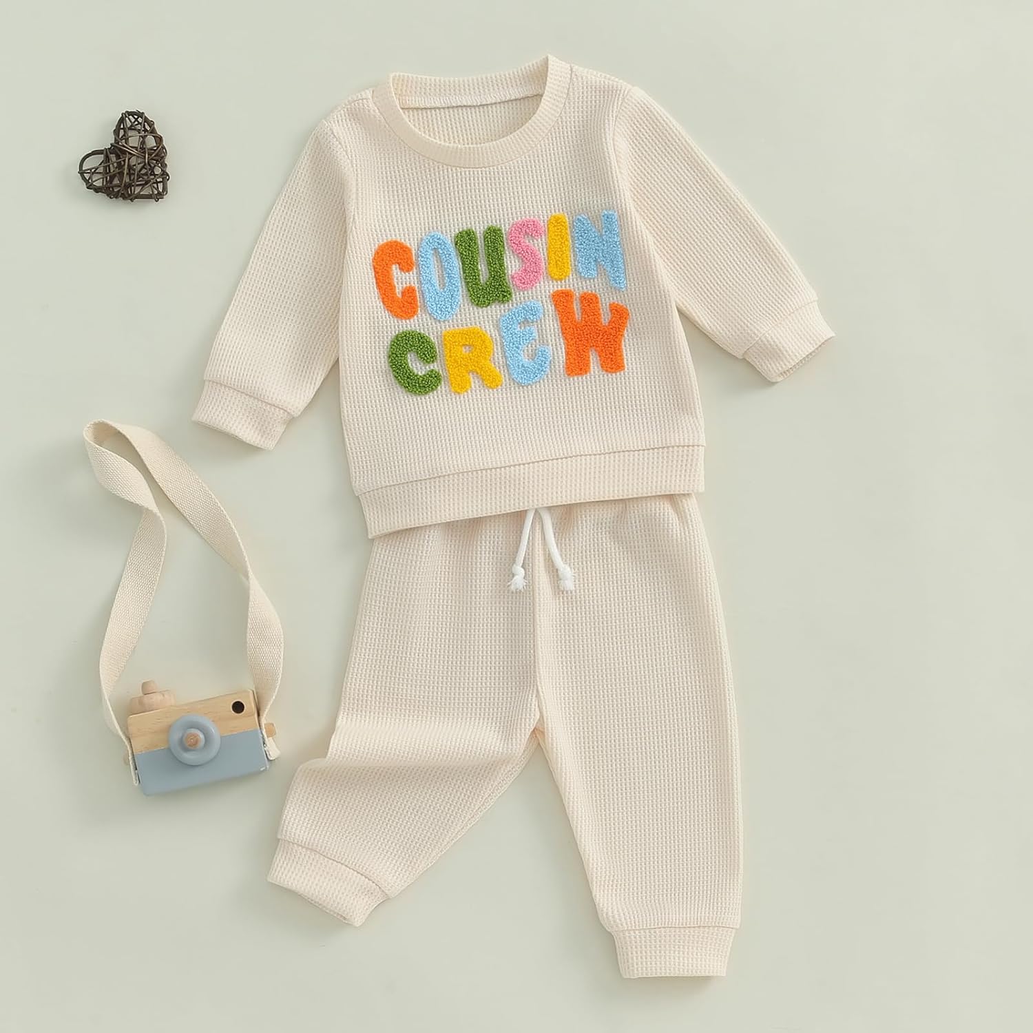 Toddler Baby Boys Cousin Crew Outfits Funny Letter Embroidery Sweatshirts Pullover Jogger Pants Spring Waffle Clothes - Image 2