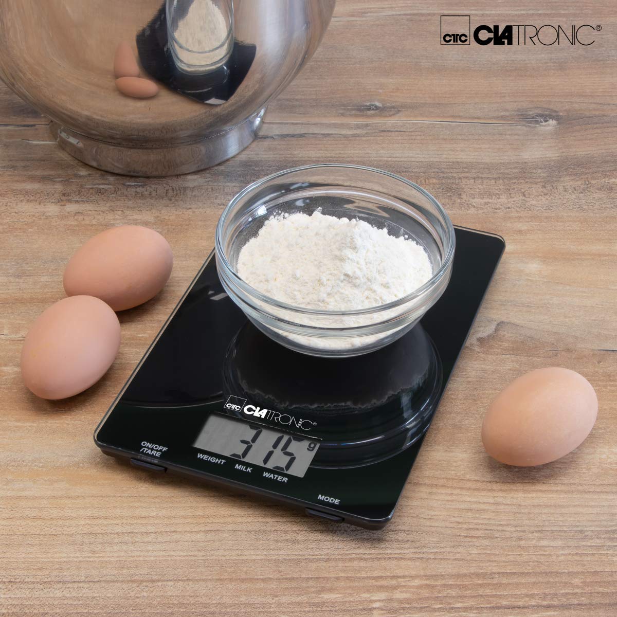 Clatronic KW 3367 Kitchen Scale, Stainless Steel Weighing Area, LCD Display, up to 5 kg in 1 g increments (g, kg, lb, oz), Tare Function