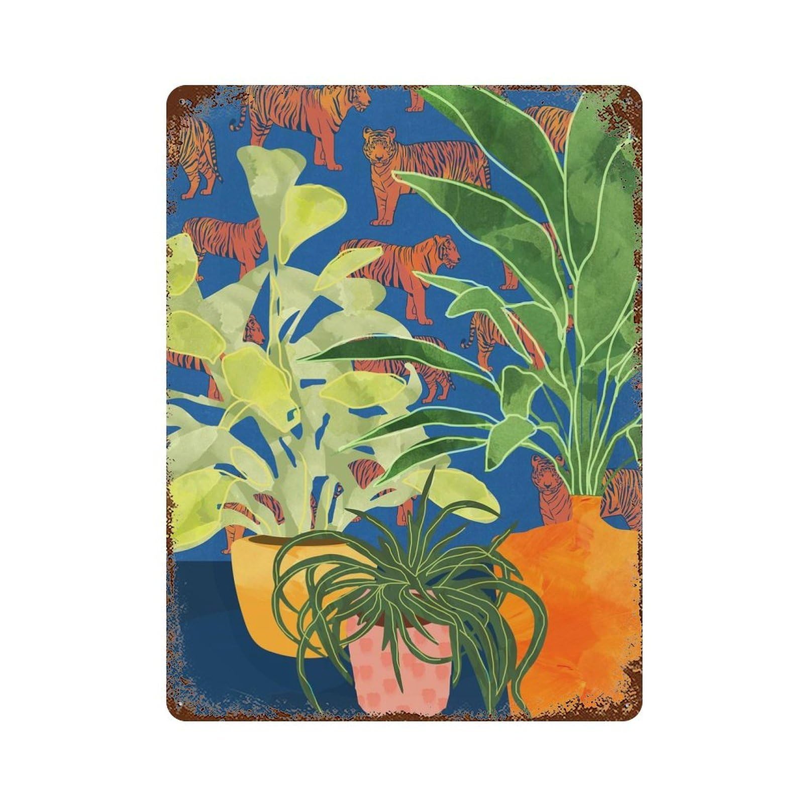 Plant Tiger Abstract Aged Metal Wall Plaque 15.7"x11.8", Classic Wall Plaque for Garage, Pub Or Kitchen