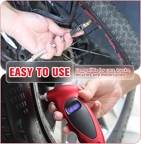 Miniatura 5 de Medidor digital de presión de neumáticos con retroiluminación LCD, 3 piezas, medidor de presión de neumáticos, cabezal de metal cromado resistente,