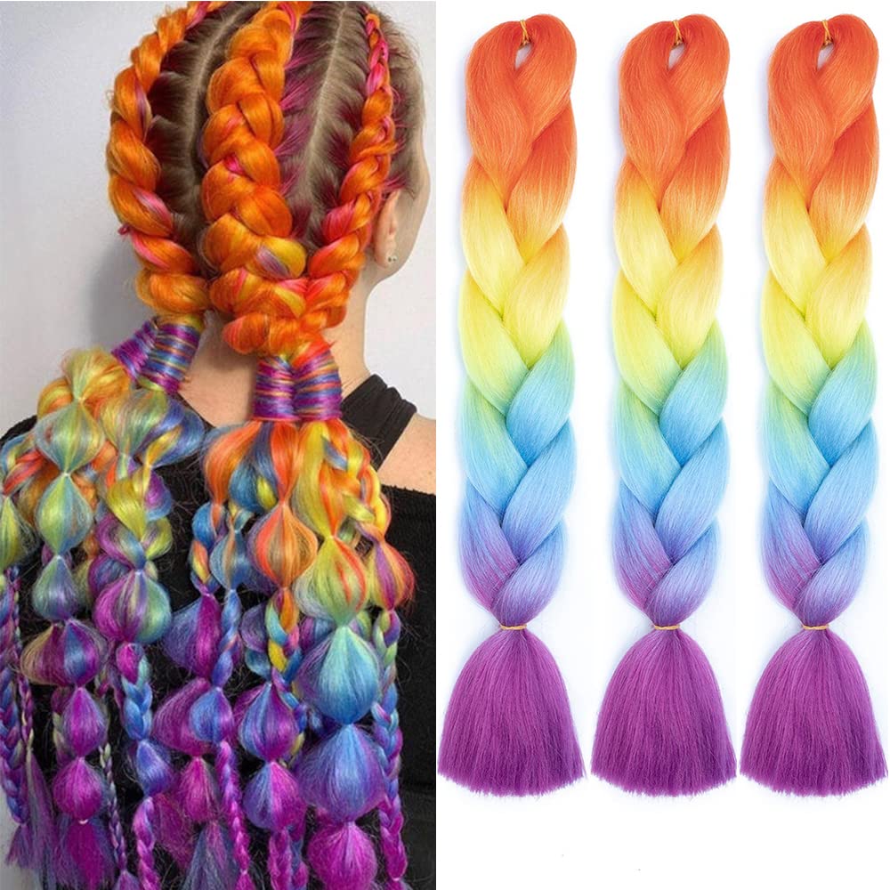 OTO BELLA Extensiones de pelo trenzado, 24 pulgadas, textura Yaki, pelo sintético degradado, 3 unidades, Kanekalon de colores (naranja/amarillo/azul/morado)