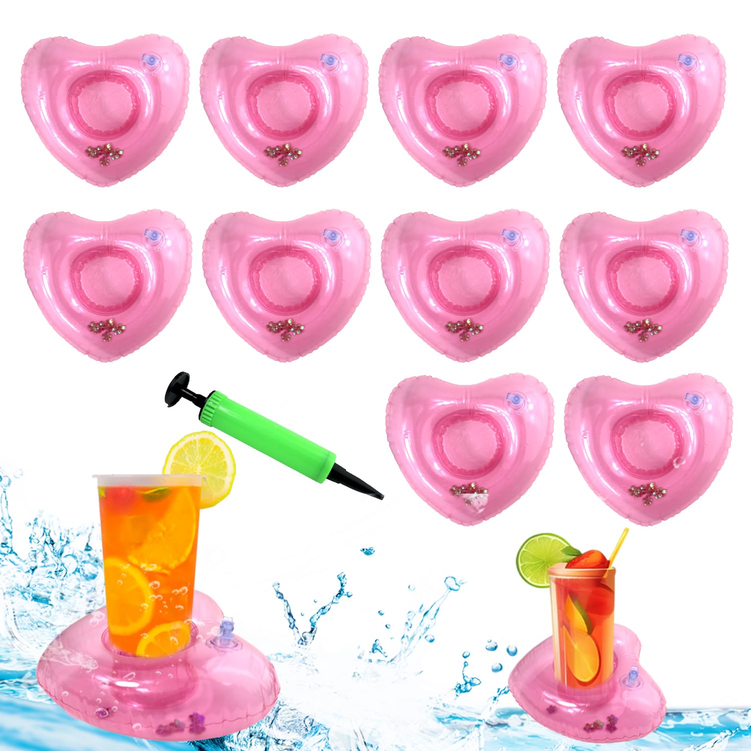12pcs Heart Shape Inflatable Drink Holders Floats, Drink Float Cup Holder for Swimming Pool Bachelorette Party, Pool Decorations Accessories for Adults