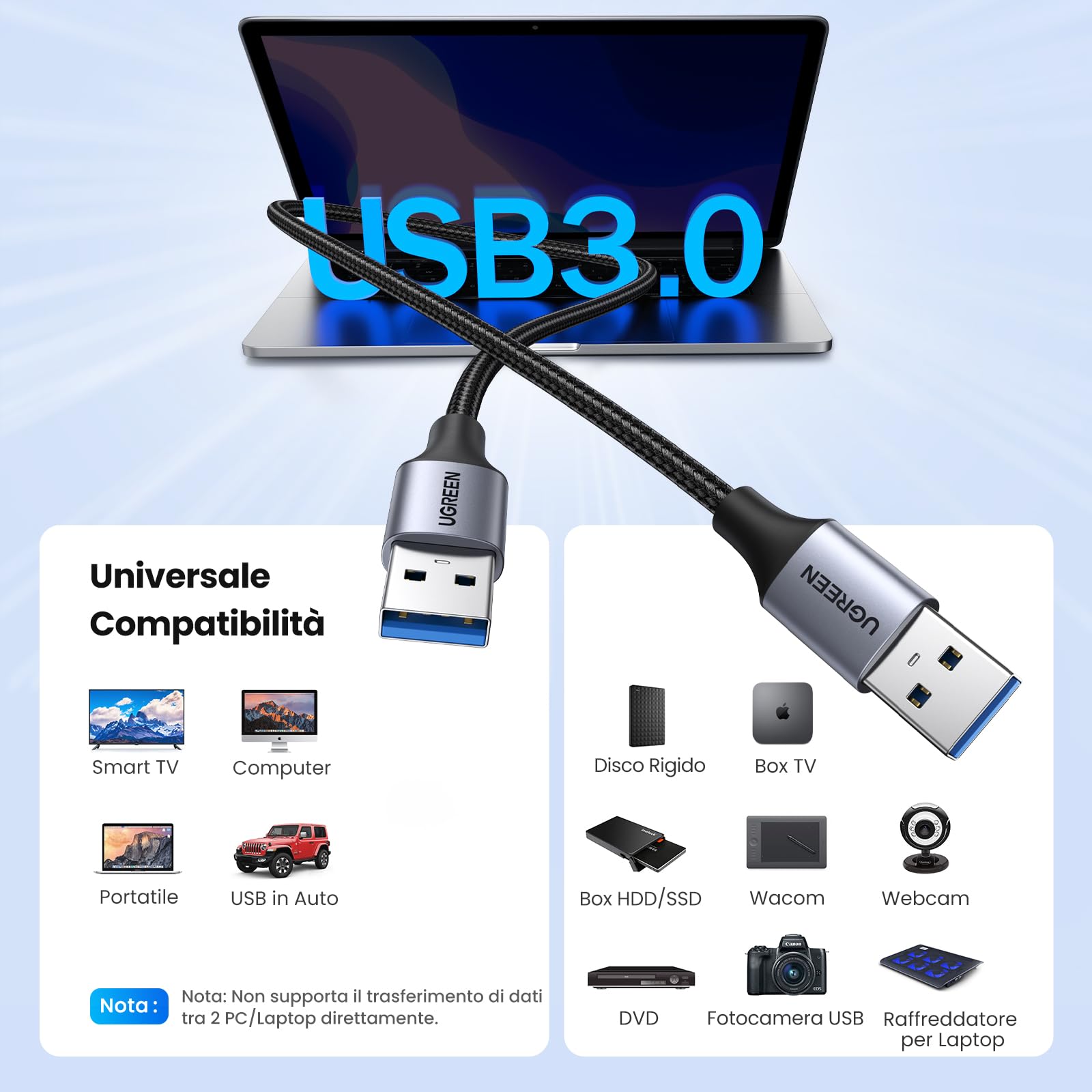 UGREEN Cavo USB 3.0 Maschio in Nylon Alluminio Cable Type da Tipo A 5Gbps Ad Alta Velocità per Case Disco Rigido, Hub, TV Box, Computer, Portatile (3M)