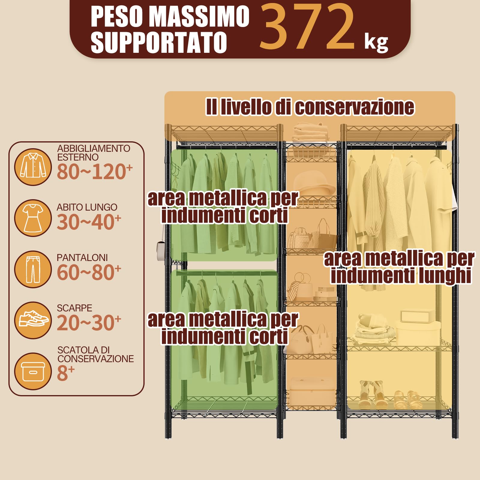 AQRA Appendiabiti da Terra Metallico, Armadio Aperto Cabina Componibile | 3 aste per abiti, ganci laterali, portata massima 372kg, dimensioni 144×42×193cm