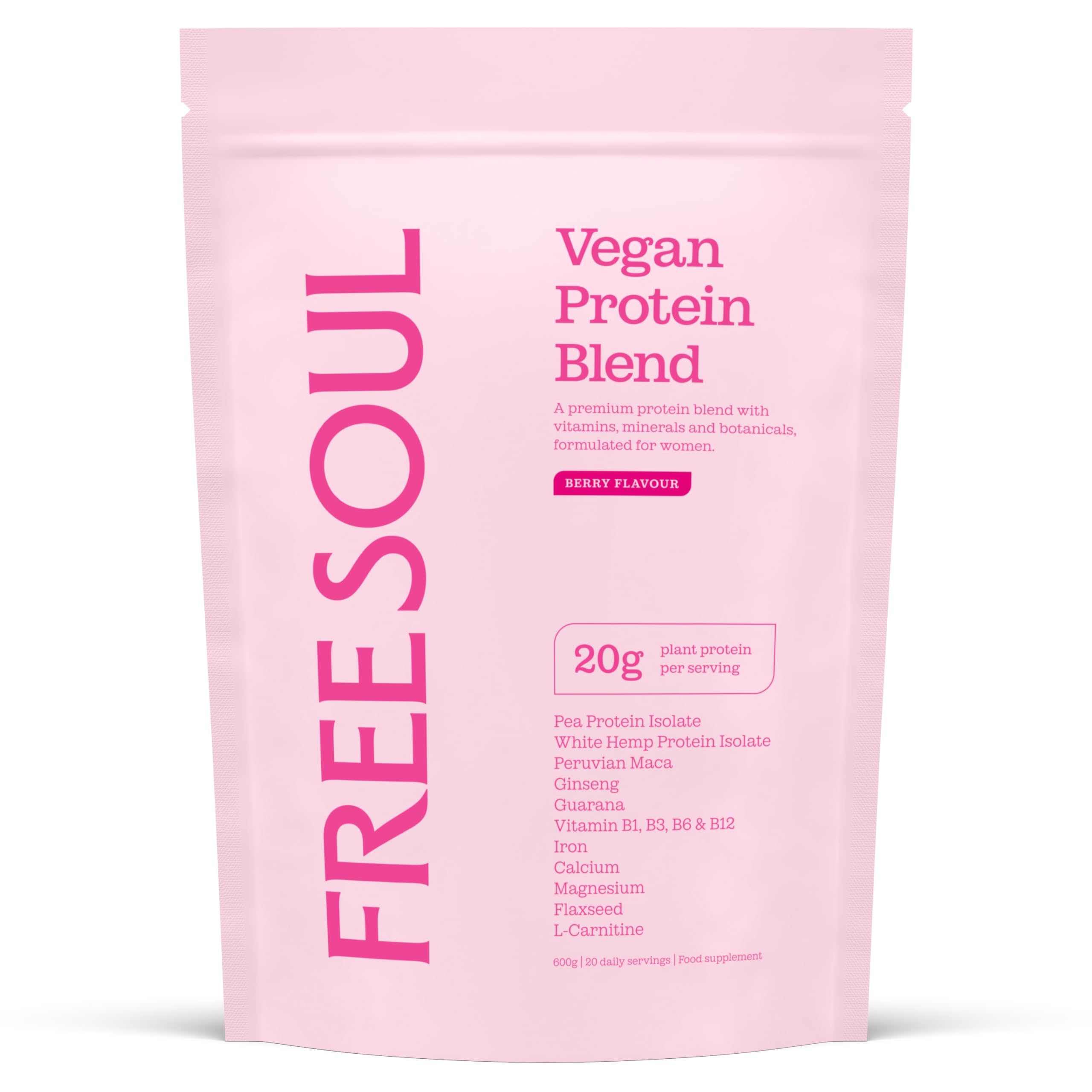 Free Soul Vegan Protein Powder | Formulated for Women | 600g | 20g Protein with Added Nutrients | Gluten & Soy Free Plant-Based Nutrition Shake | Pea & Hemp Isolate Protein | Berry Flavour