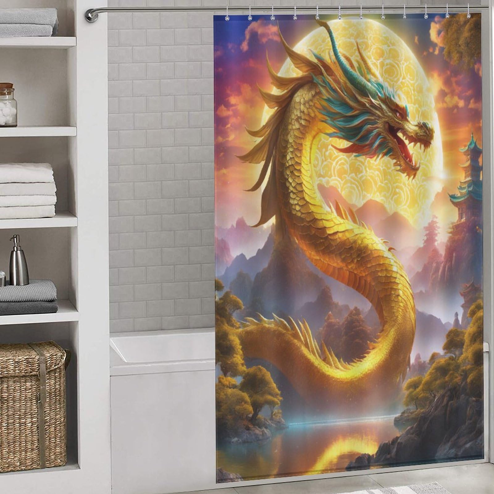 Rideau de douche dragon anti-éclaboussures et facile à nettoyer 140x183cm