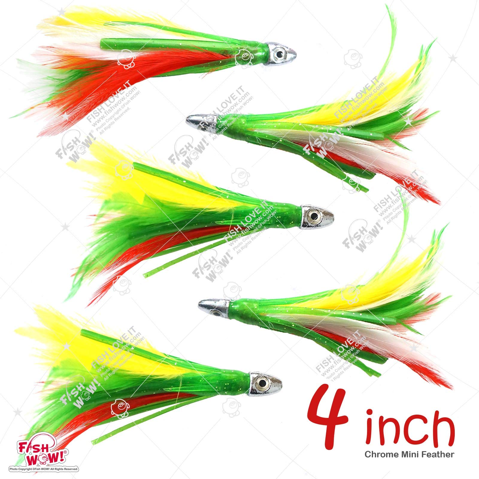 5pcs Fish WOW!® 4" Mini Feather 1/2oz Bullet Chrome Head Trolling Tuna Lure Squid Skirts - Mexican Flag