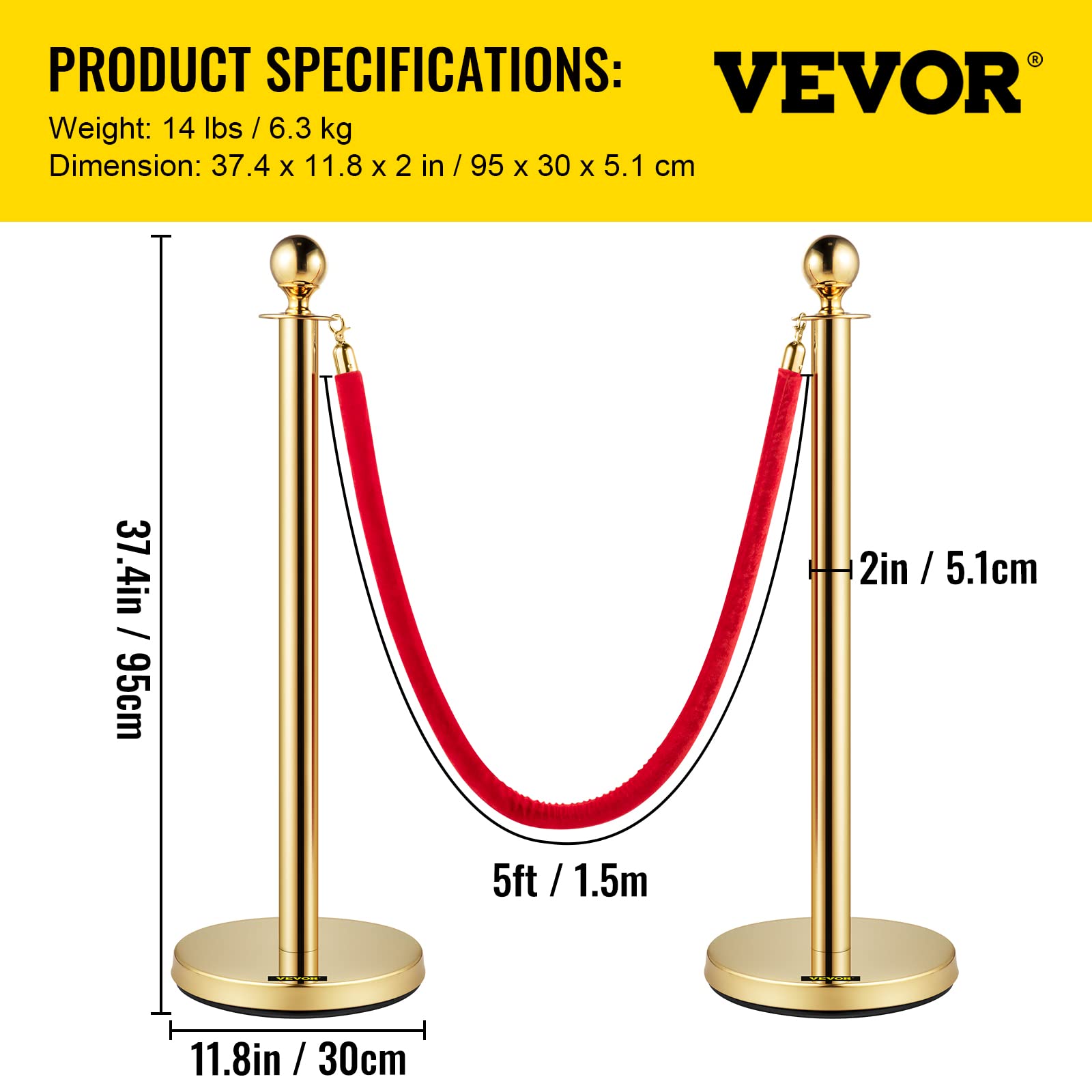 VEVOR Poteau de Guidage 6PCs 95 cm, Barrière de Balisage pour Contrôle de Foules avec 4 Cordes Velours Rouge 1,5 m, pour Délimitation Séparation File d'Attente en Public École Théâtre Hôtel Exposition
