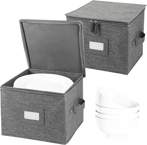 popoly China Storage Container for Saucer and Appetizer Plates, 7" W x 6" H Plate Storage Case with 24 Felt Dividers, Hard Shell and Stackable (2