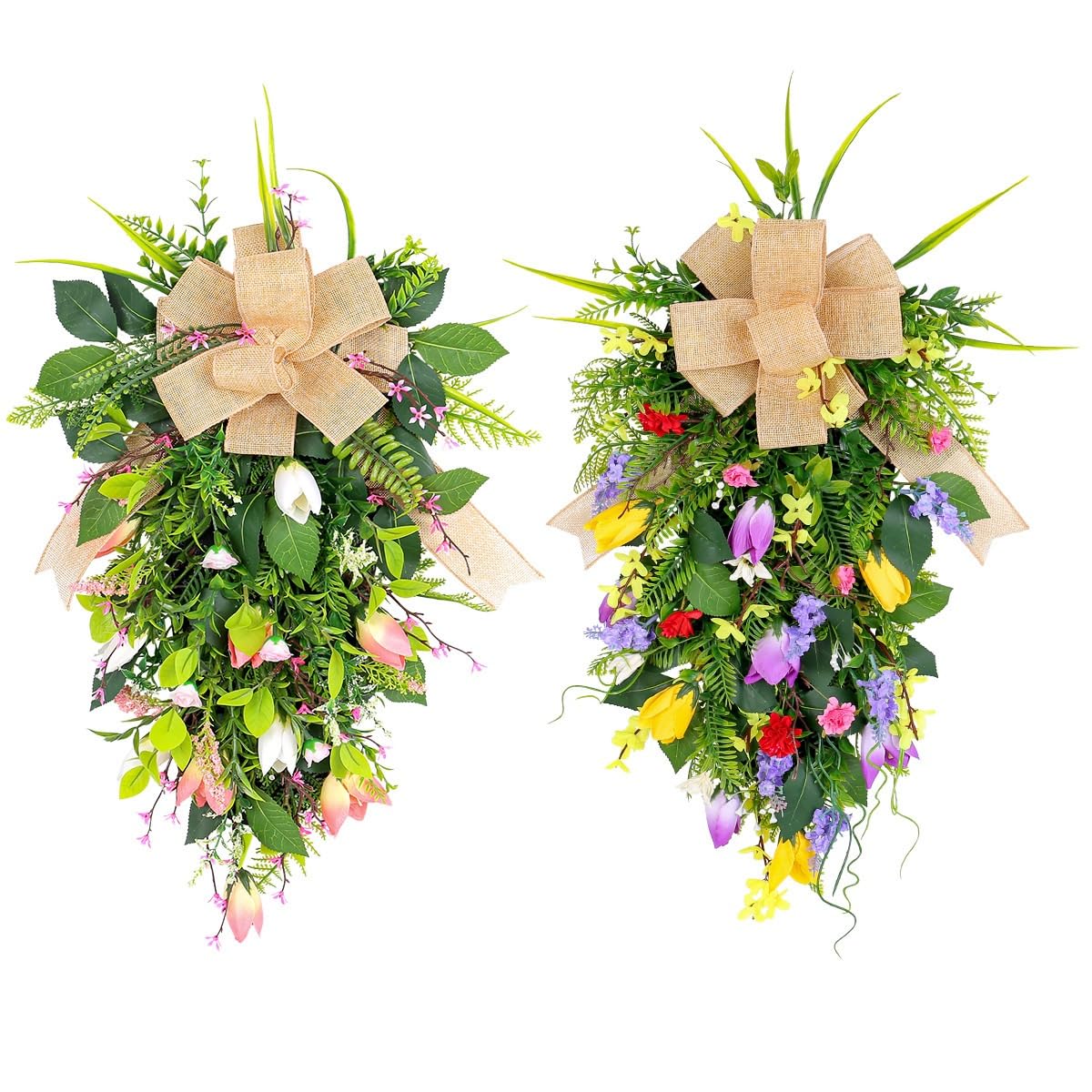 51cm Décoration Noël Teardrop Swag, Guirlande De Noël Artificielle avec Bowknot pour Porte D'entrée, Escalier, Cheminé, Extérieur, Fenêtre(A+B)