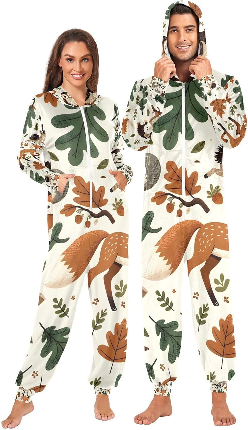Forest Animals Fox Deer Hedgehog Unisex Adult Onesie Pajamas Comfy One Piece Costume Jumpsuits Novelty Sleepwear Homewear for Men Women