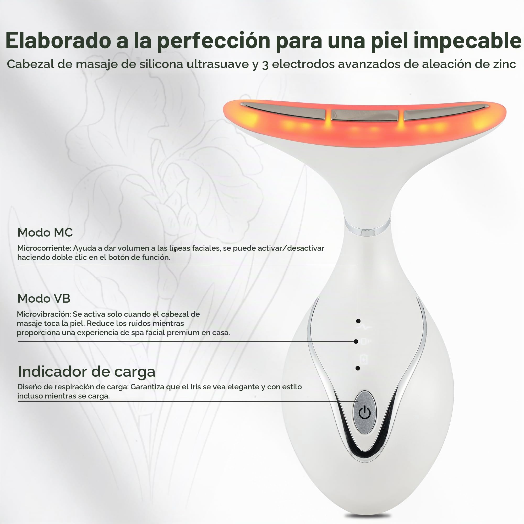 VRAIKO Iris Masajeador de Cuello y Cara, Herramienta de Esculpido Facial con Base de Carga, Masaje Microcorriente para Elevación, LEDs Triple-Acción y Calor para Mejor Absorción (Blanco)