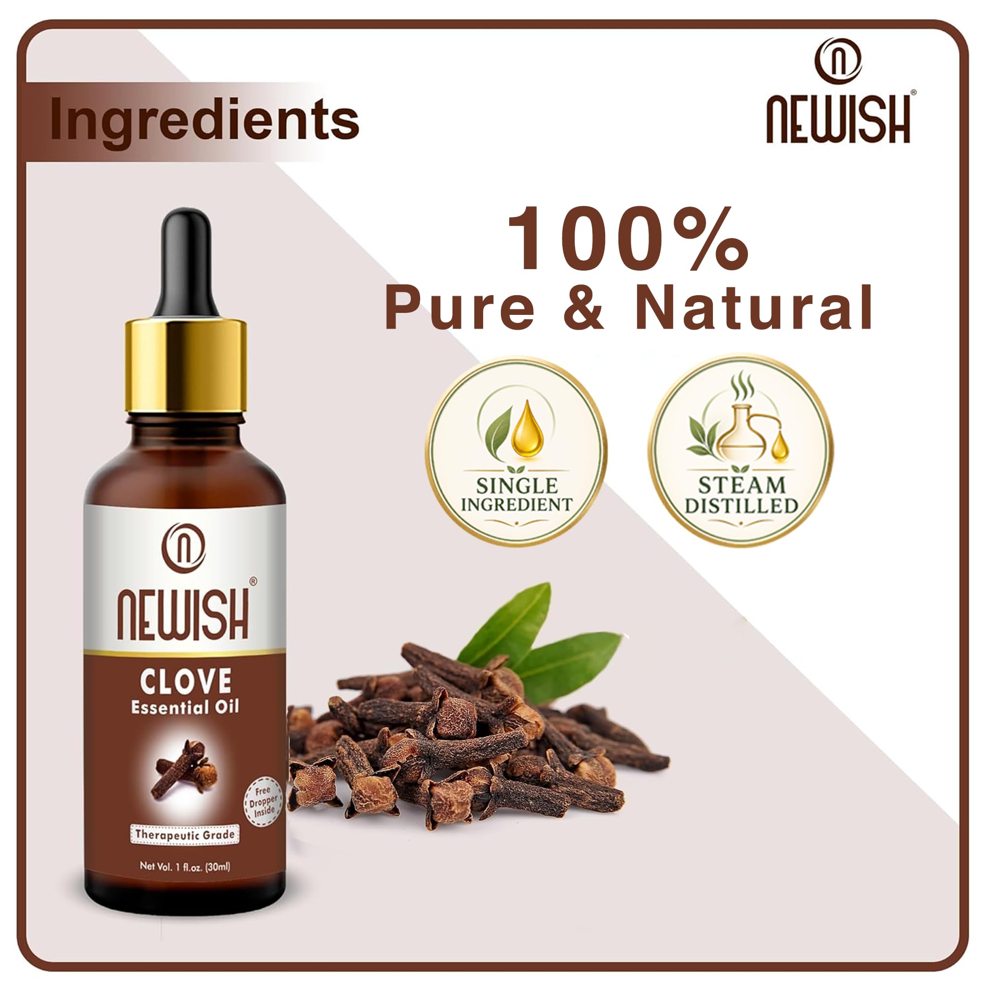 Newish Clove Oil 100% Pure & Natural | 30 ML | Undiluted with High Potency Essential Oil for Toothache | Gum Care | Skin | Hair | Pimples | Acne | T-Zone & Underarm
