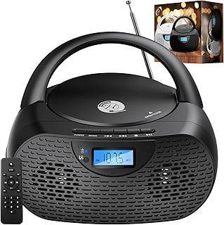 Hernido Portable CD Player, Bluetooth CD Boombox with FM Radio, Remote Contorl, Rechargeable Battery & 2 Stereo Sound Speaker, AUX-in/USB Playback/Headphone Jack (Black)