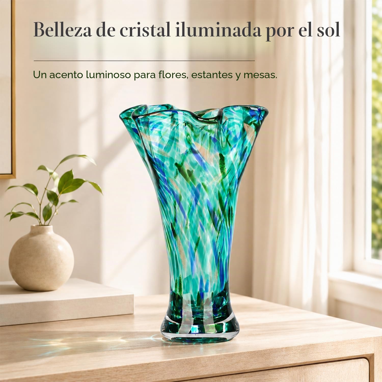 Vasos de vidrio azul petrel de 22,9 cm de altura para flores, jarrón de vidrio soplado a mano, decoración de interior, jarrón para flores verdes de cuello ancho, centros de mesa, para estantería, mesa