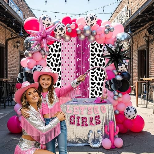 Miniatura 6 de Decoración de fiesta de vaquera rosa intenso con globos de aluminio de estrella de disco plateados, pancarta de oropel para niñas, telón de fondo