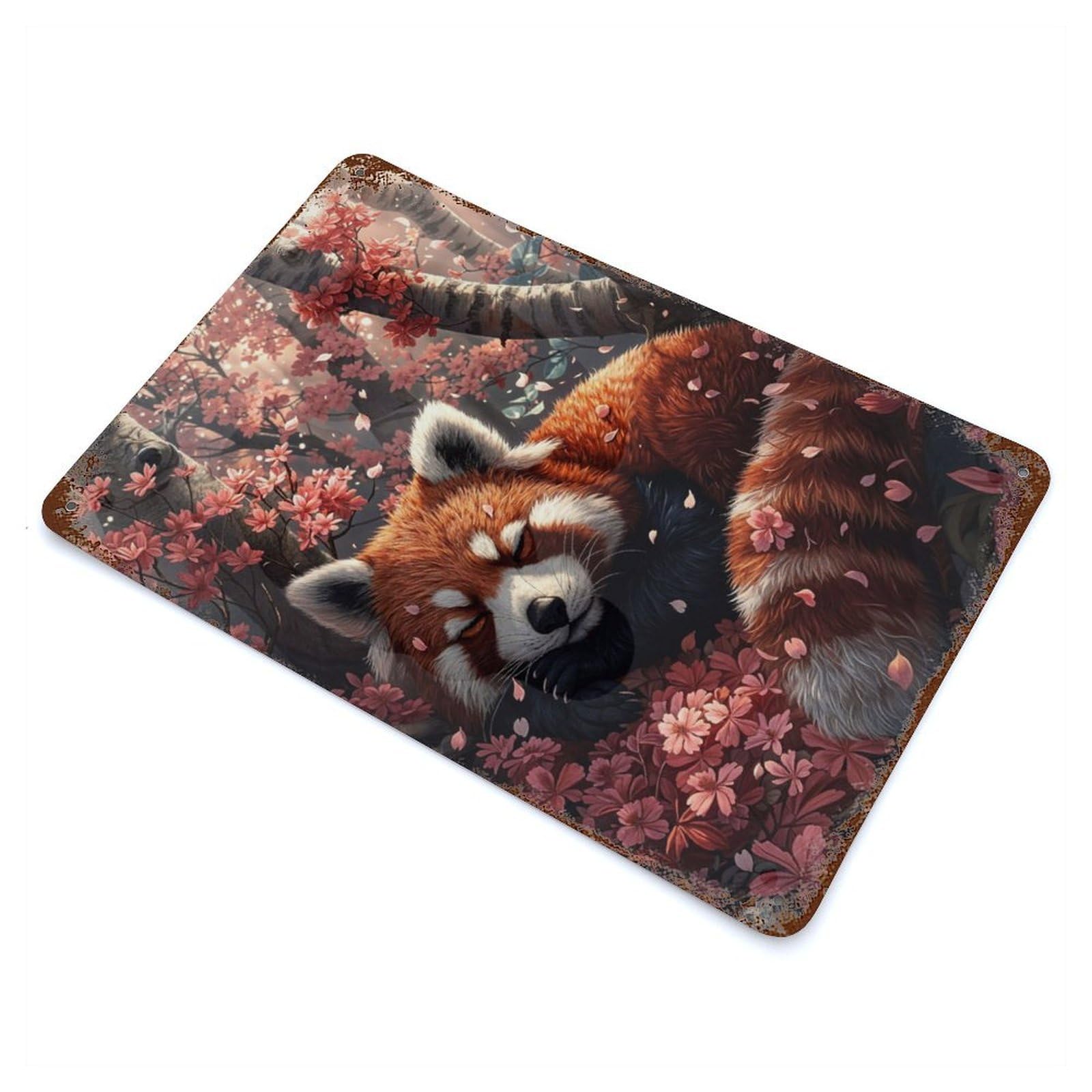 Red Panda Sleeping Sakura 11.8"x7.9" Rusty Metal Tin Sign, Shabby Chic Decor for Bistro, Counter And Cafe Decor