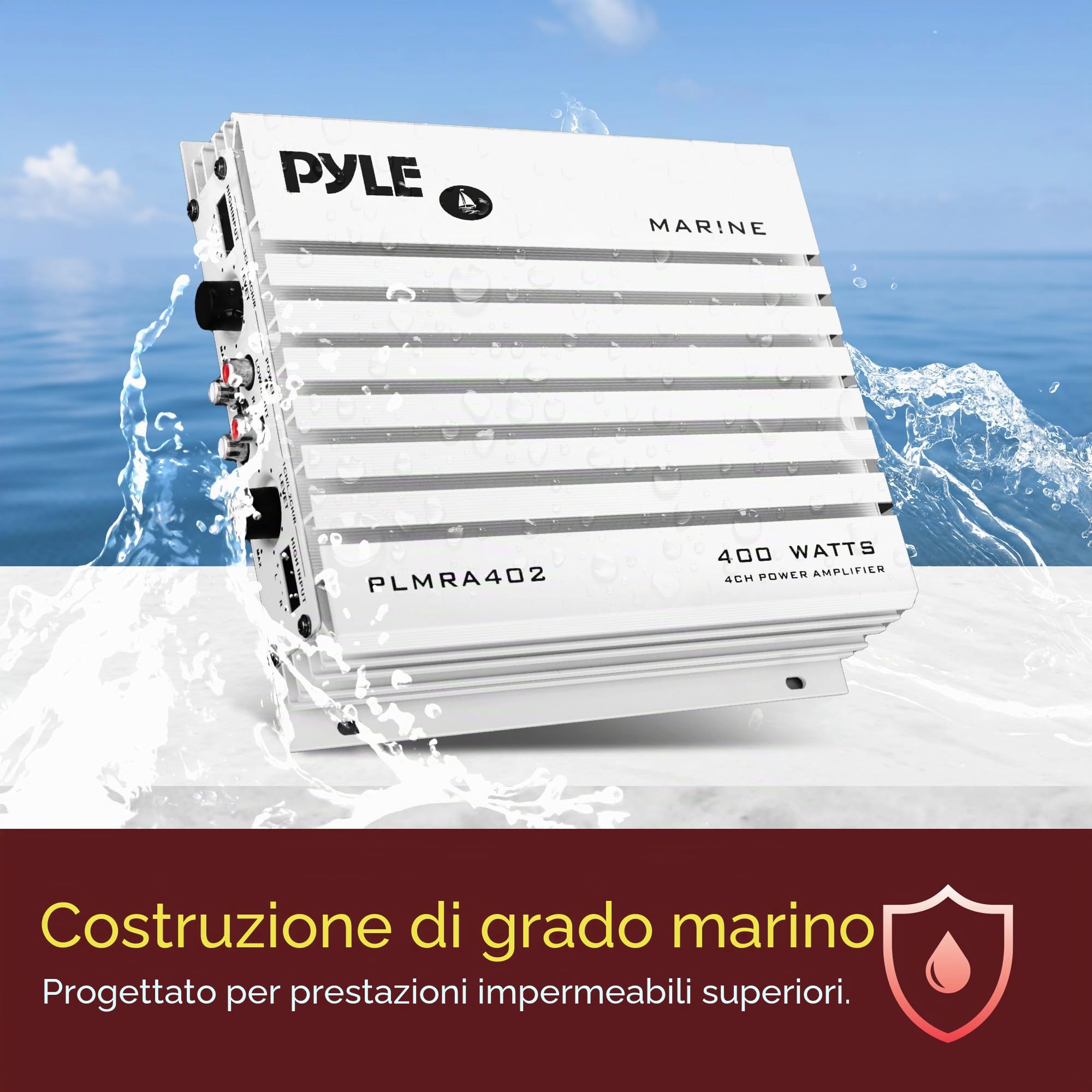 Pyle PLMRA402 - Amplificatore idraulico a 4 canali da 400 Watt, alimentatore doppio MOSFET, controlli livello guadagno, ingresso stereo RCA e indicatore LED