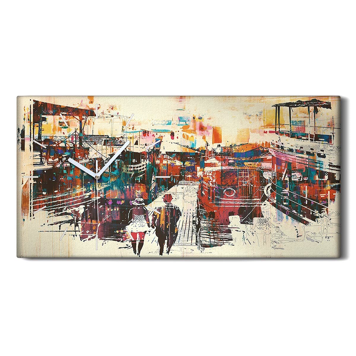Horloge sur Toile 60x30cm Art Moderne Couple de Rue Décoration Murale