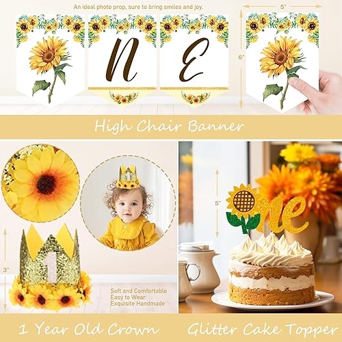 Miniatura 4 de Decoraciones de primer cumpleaños de girasol, decoraciones de primer cumpleaños para niña, suministros de fiesta de flores de un año, telón de fondo