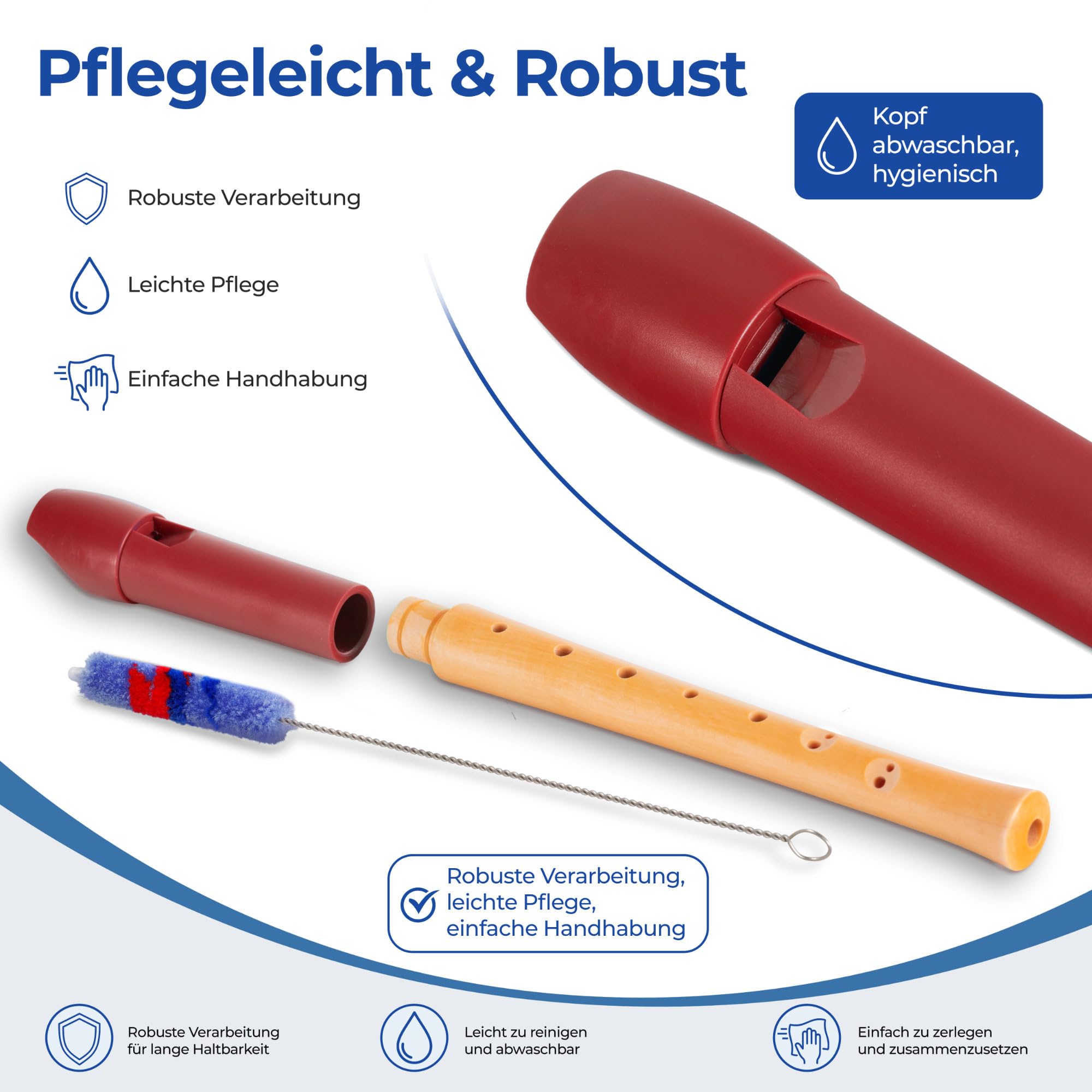 Classic Cantabile Pivella Flauta Dulce Roja, digitación barroca juego de 10 | Flautas dulces de 2 piezas, Cabeza de plástico especial rojo, Parte inferior de madera de arce, Afinación: C-Soprano