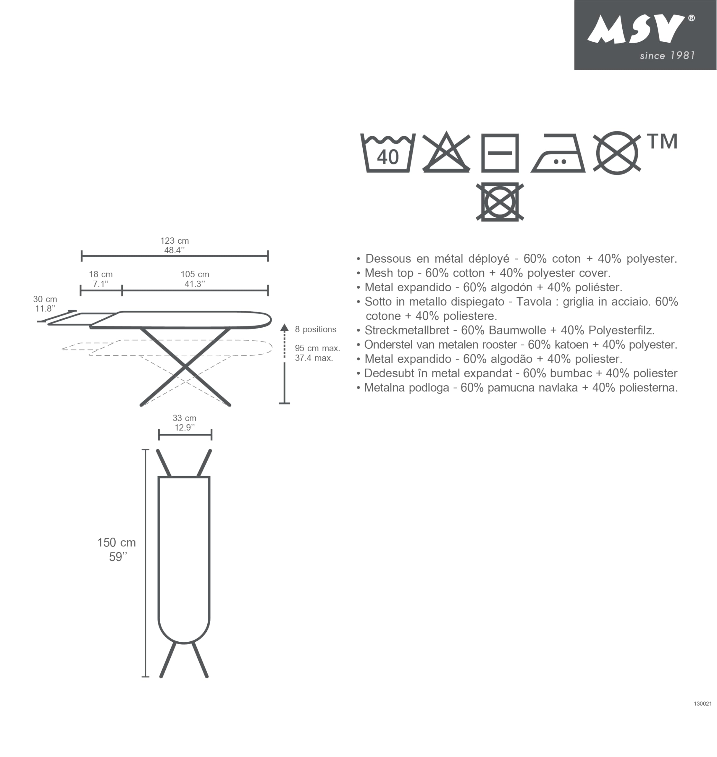 MSV - Asse da stiro modello Eco - 10 posizioni - Altezza regolabile fino a 90 cm - 130x33x90 cm - Pieghevole - Poggiaferro a forma di H - Motivi casuali