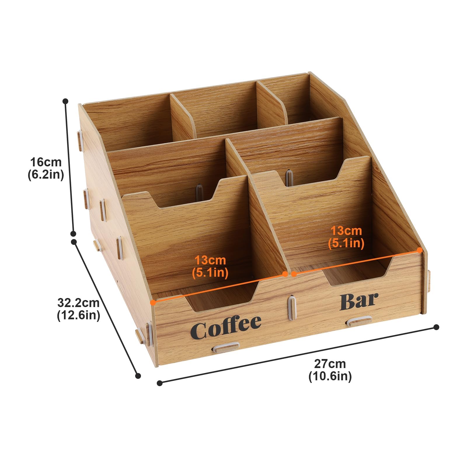 Organizer per caffè in legno con 7 scomparti e divisori rimovibili, stazione caffè e organizzatore per spezie per cucina e ufficio, porta capsule e portabicchieri in legno, accessori per bar