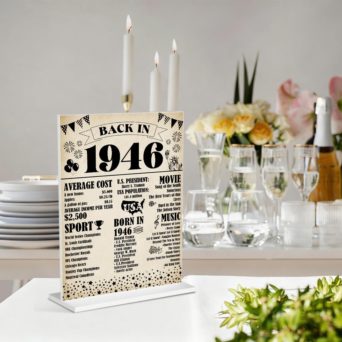 80th Birthday Decorations for Women Man Back In 1946 Acrylic Sign 80 Year Old Table Poster With Stand Party Supplies 1946 Birthday Decorations for Display Holder Table - Image 5