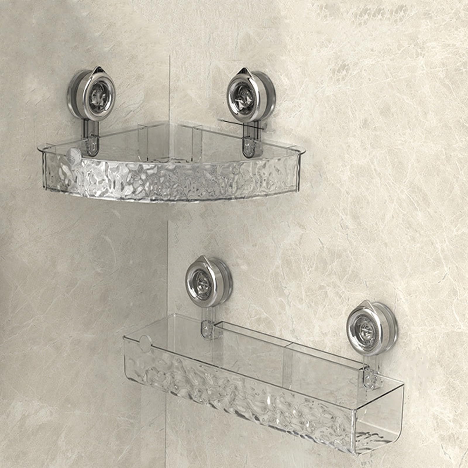 Soporte de almacenamiento de ducha de acrílico transparente para montaje en pared, estante de ventosa corrugado sin perforaciones para nización de baño (juego A+B)