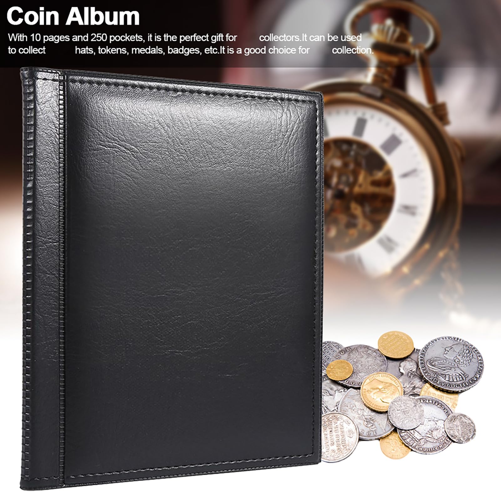 Libro da Collezione con Album per Monete da 250 Tasche con 10 Pagine, per Collezionisti di Monete, Colleziona Monete, Cappelli, Medaglie, per Ambito Applicabile (BLACK)