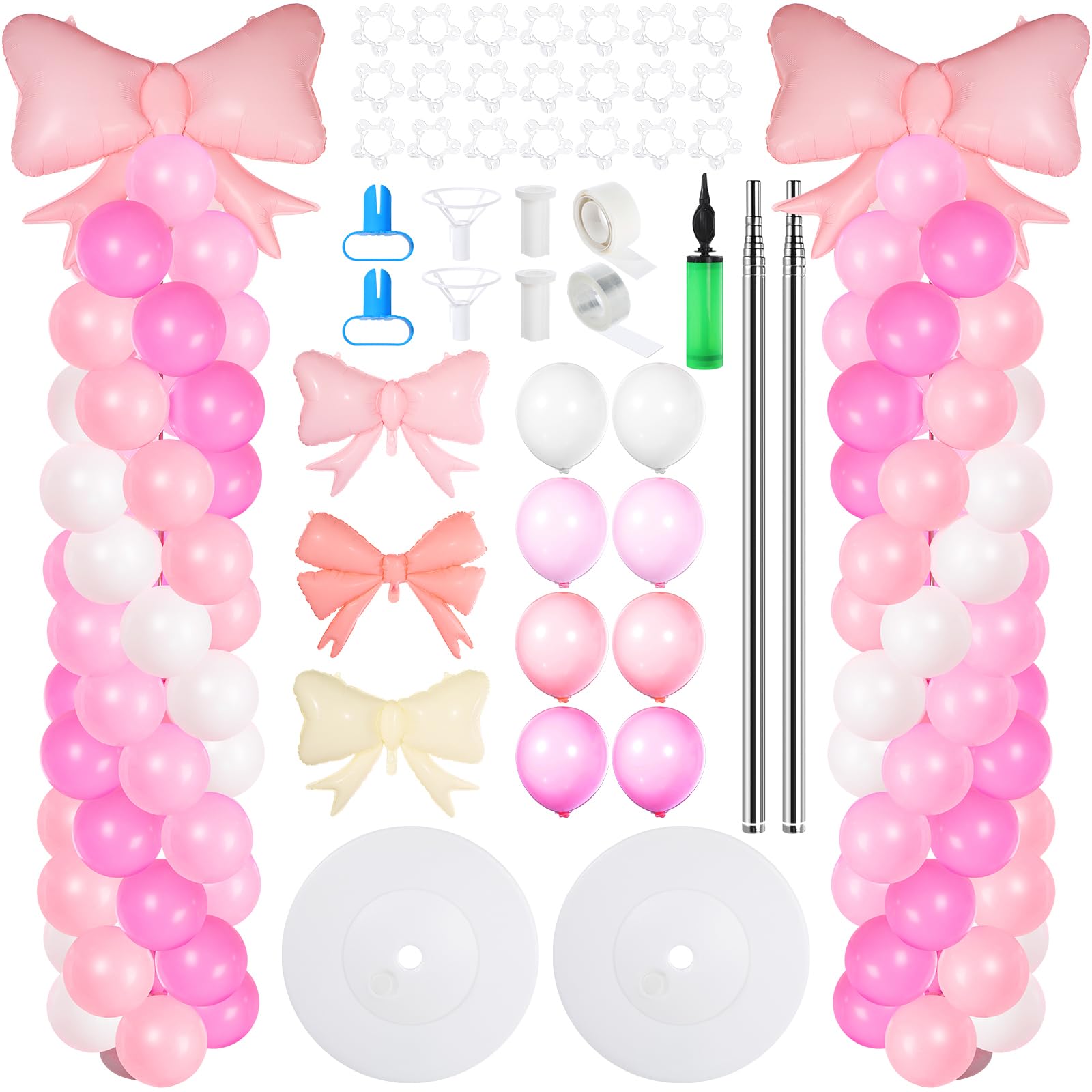 Gejoy 2 Sets Pink Bow Balloon Column Stand Kit with 106 Balloons Adjustable Stand Pink and White Foil Latex Balloon Garland Arch for Bridal Princess