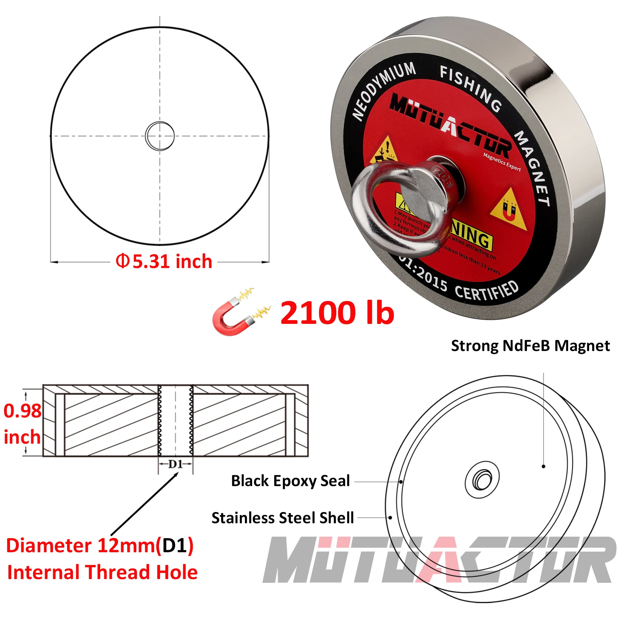 MUTUACTOR Magnete da pesca industriale 2100 libbre Strength with Safty Gloves, Neodymium Fishing Magnet Kit Heavy Duty con 49 feet rope for Recovery and Salvage Fishing Under Water. …