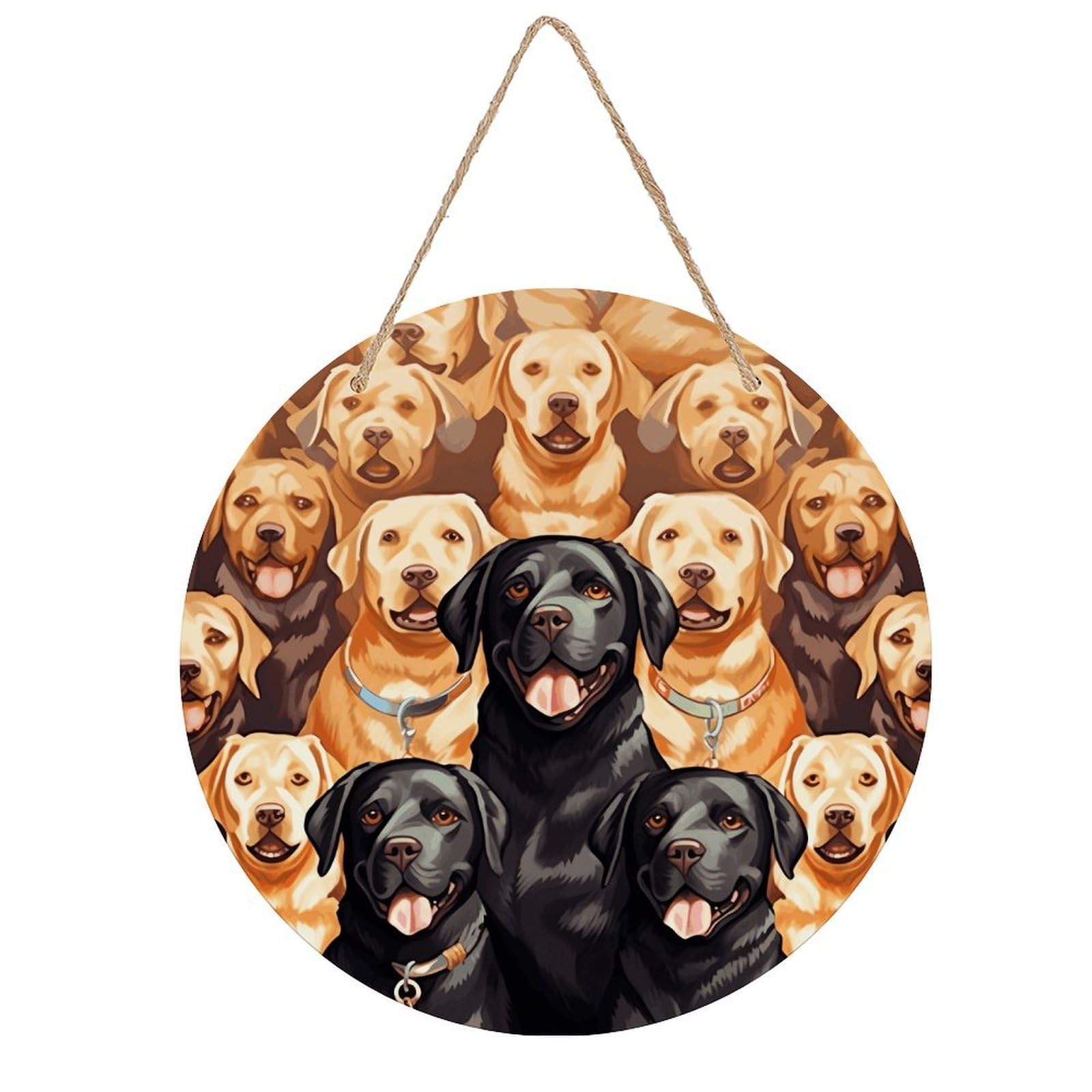 LZQPOEAS Labrador Retriever Dogs Round Wood Wall Art Painting, 7.9 Inch Circular Wooden Door Hanger Decorative Paintings, Rope-Hanging Wooden Wall Plaque for Home Decor And Office Party