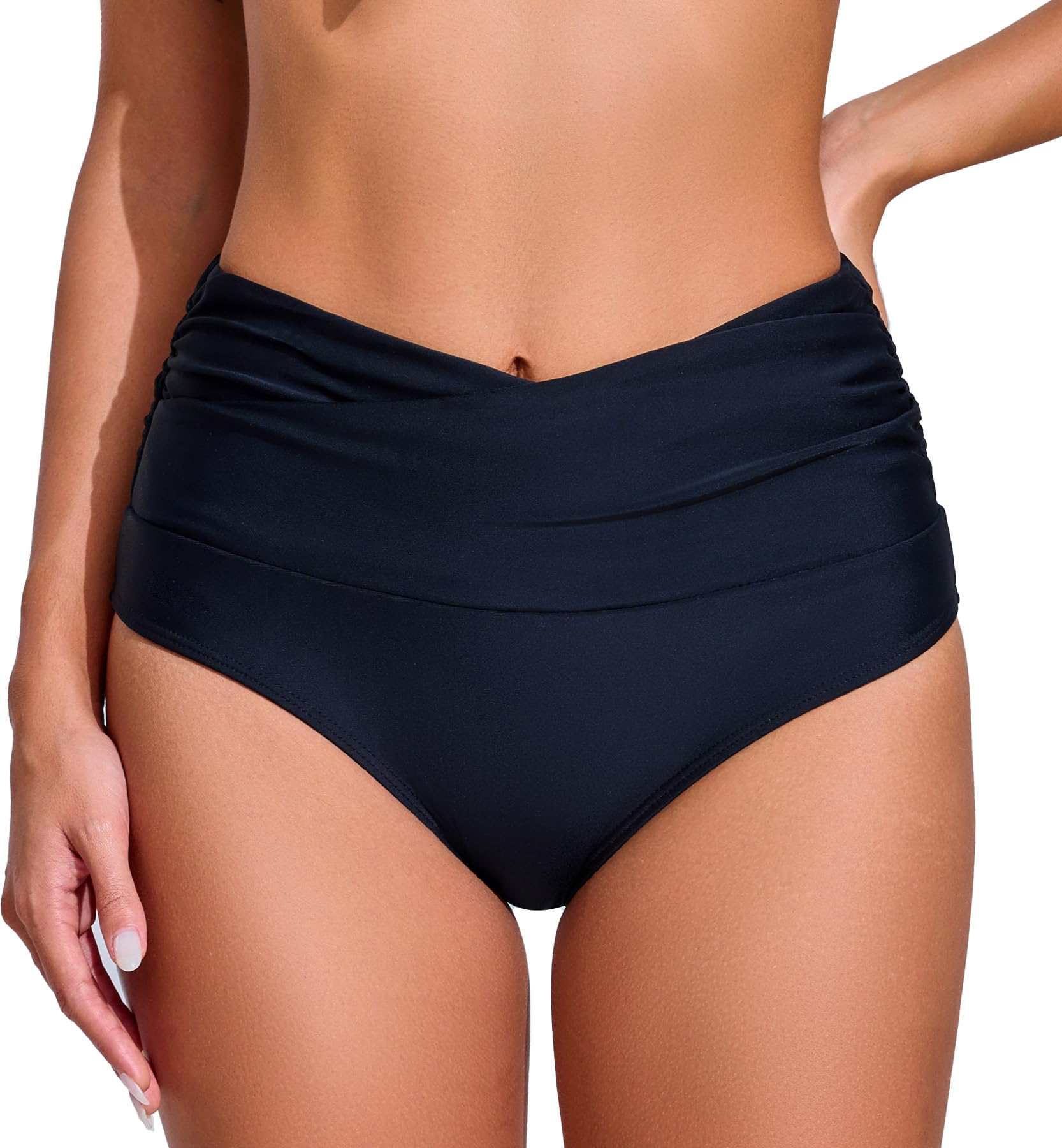 V-Cross High Waisted Bikini Bottoms Tummy Control Full Coverage Bikini Bottoms for Women