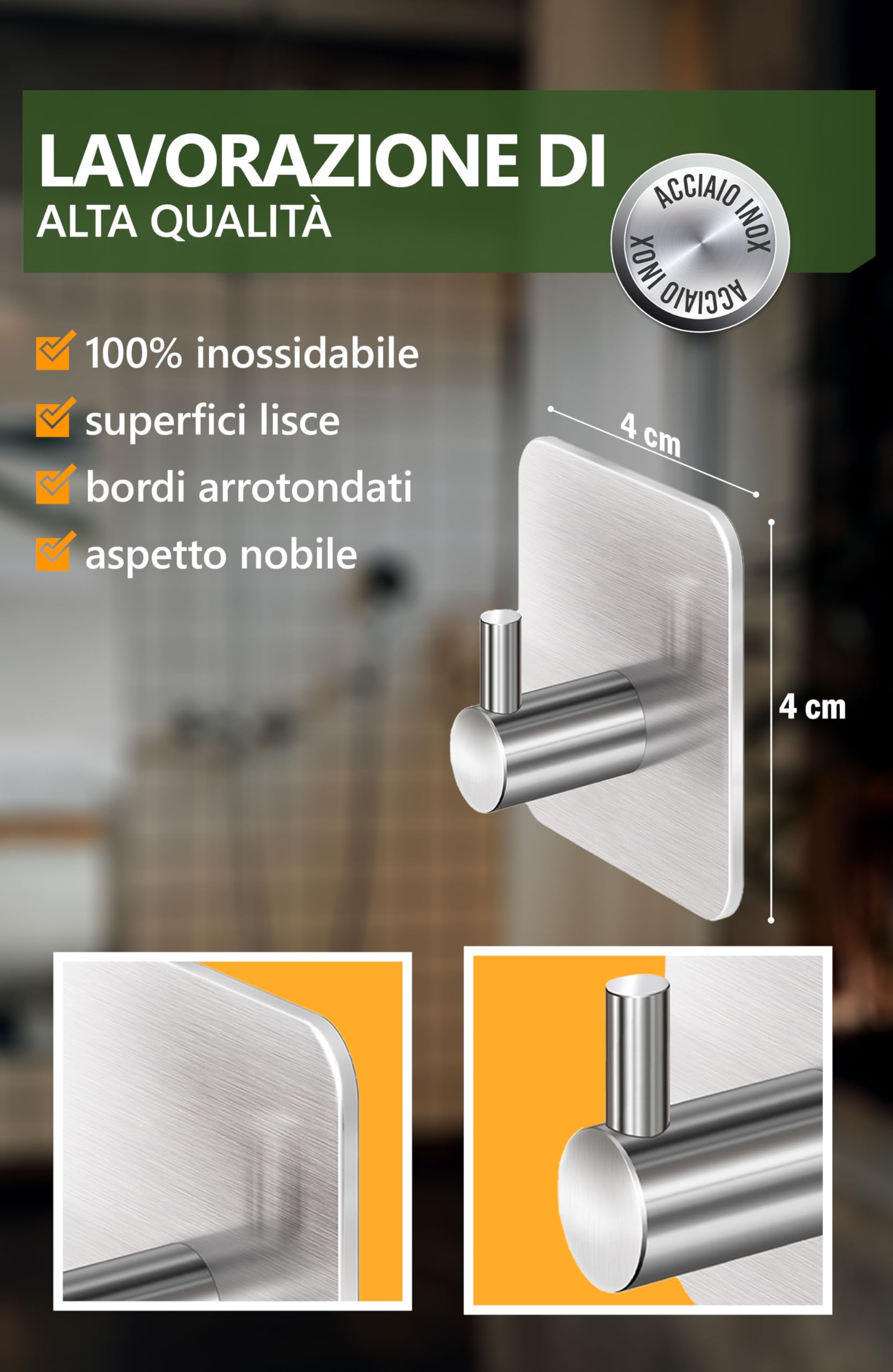 4smile Ganci Adesivi, 6 pezzi Appendi Accappatoio Bagno, Acciaio inox, Porta Asciugamani Autoadesivo, Argento