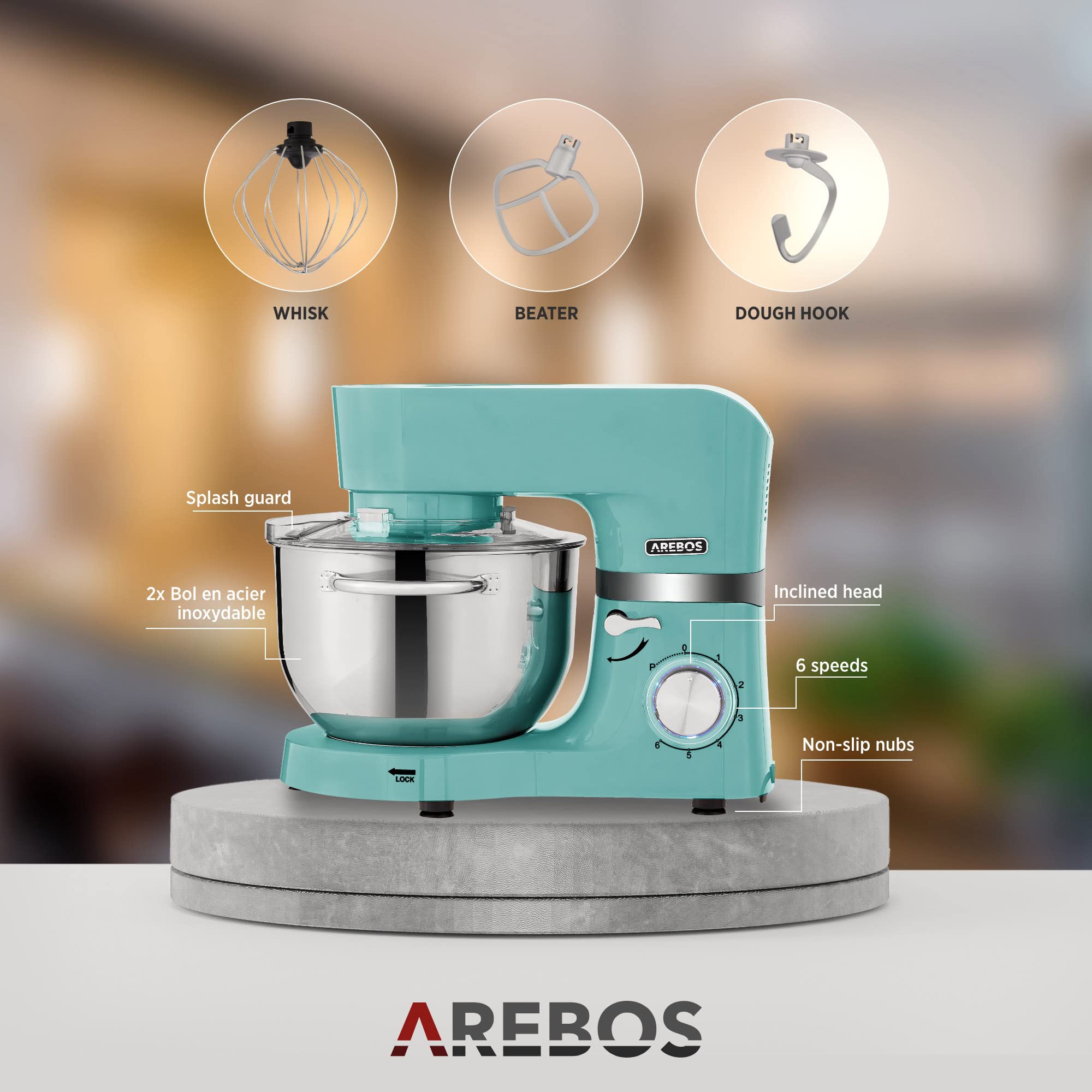 Arebos Profesjonalny robot cukierniczy 1500W | Turkus | Wielofunkcyjny robot kuchenny z trzepaczką, ubijaczką i haczykiem | Z 2 miskami ze stali nierdzewnej | 6 prędkości | Funkcja impulsu