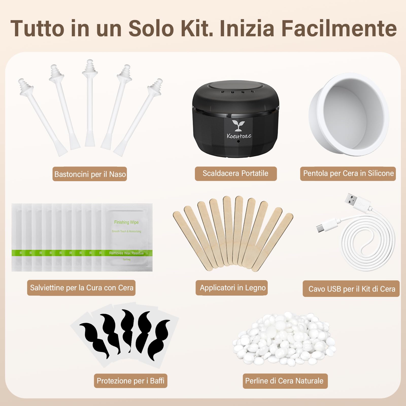Kit di ceretta Naso per Uomini e Donne – Ceretta Viso con 100g Perle di Cera, 5 Bastoncini Naso & Orecchie, 10 Mascherine Baffi, Mini Scaldacera Elettrico con USB togli peli naso