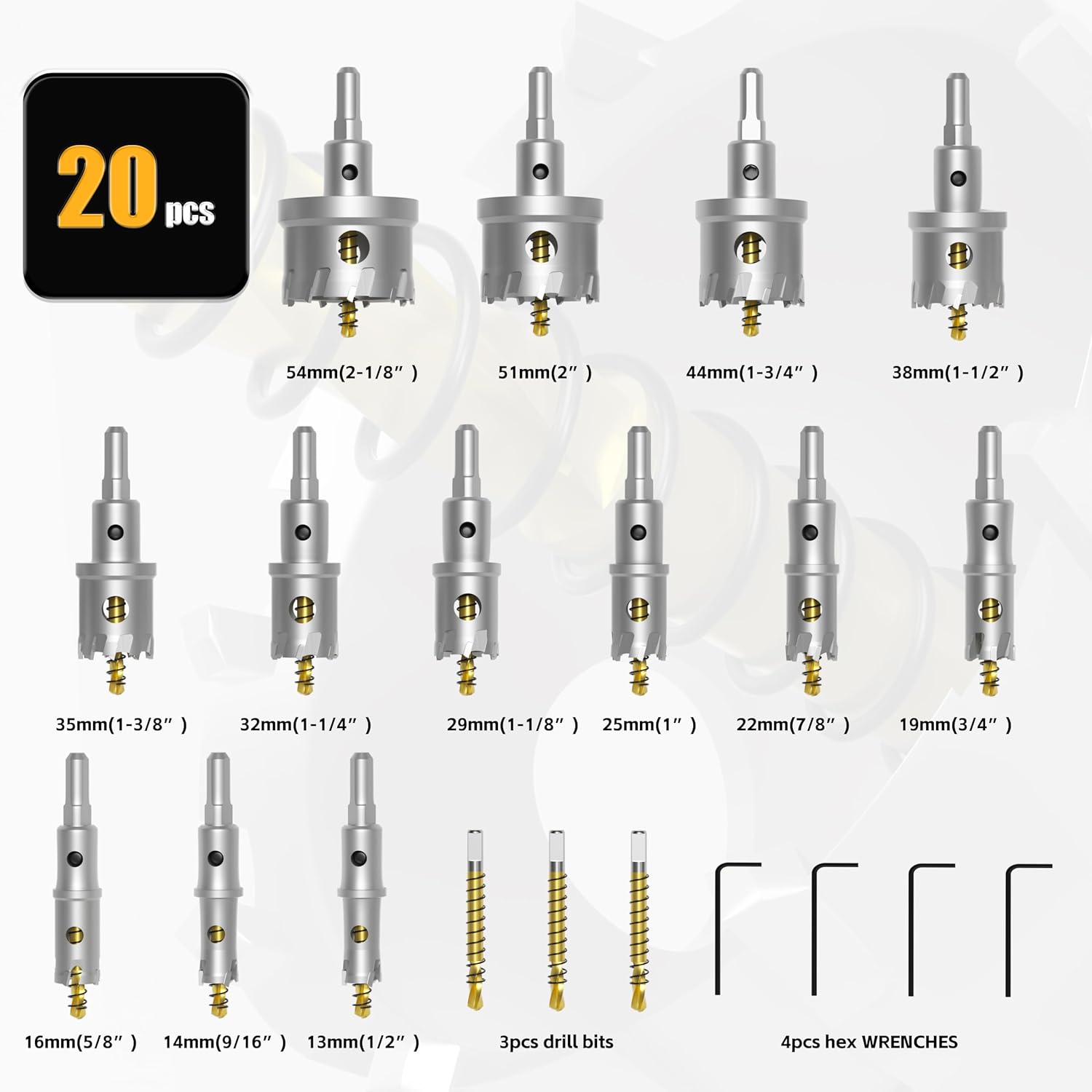 KJE 20 in 1 (1/2"to 2-1/8") Carbide Hole Saw Kit for Metal - Heavy Duty TCT Hole Cutter Drill Bits Set with Titanium Pilot drills & L-Wrenches & Aluminum Box, for Stainless Steel/Iron/Aluminum | Metal