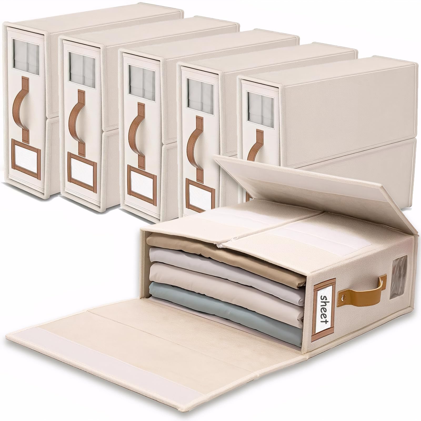 SwartLife Organizador de Ropa de Cama de Lino - Pack de 6 Plegable, Transpirable con Ventana Transparente y Etiqueta para Sabanas, Edredones y Toallas- lino