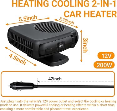 200W car heater Defroster, 12V Portable 2-in-1 Heater and Cooling Fan, 360 Rotatable for Windshield Defogging, for Car Truck Van SUV