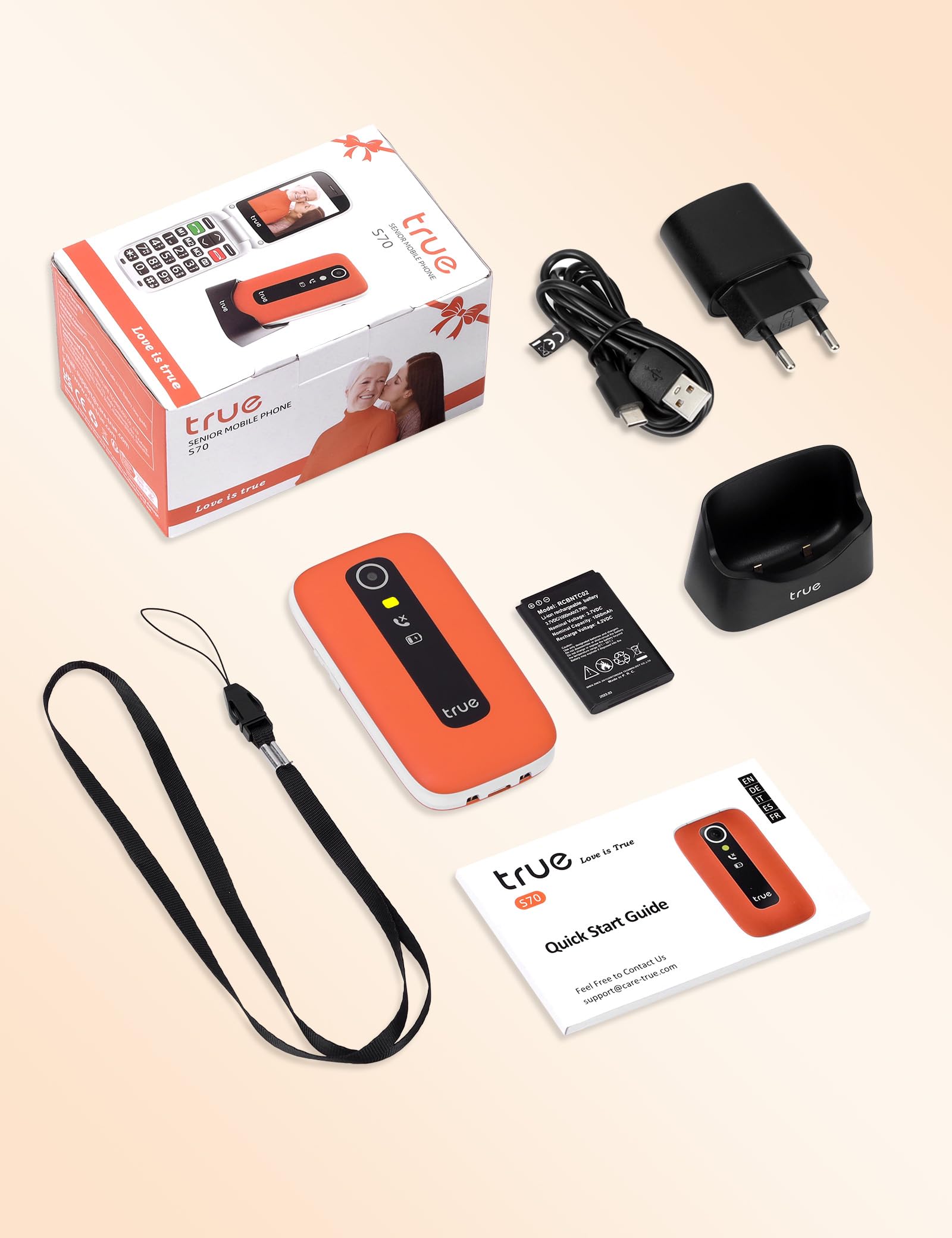 TRUE S70 Telefono Cellulare Flip per Anziani con Tasti Grandi 2G GSM | Display 2,8", Pulsante SOS, Allarme Caduta, 2G GSM, Contapassi, fotocamera, Base di Ricarica, Arancione
